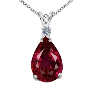 Diamond & Created Ruby Teardrop Pear Shape Solitaire Pendant in 14K Gold Plate Setting