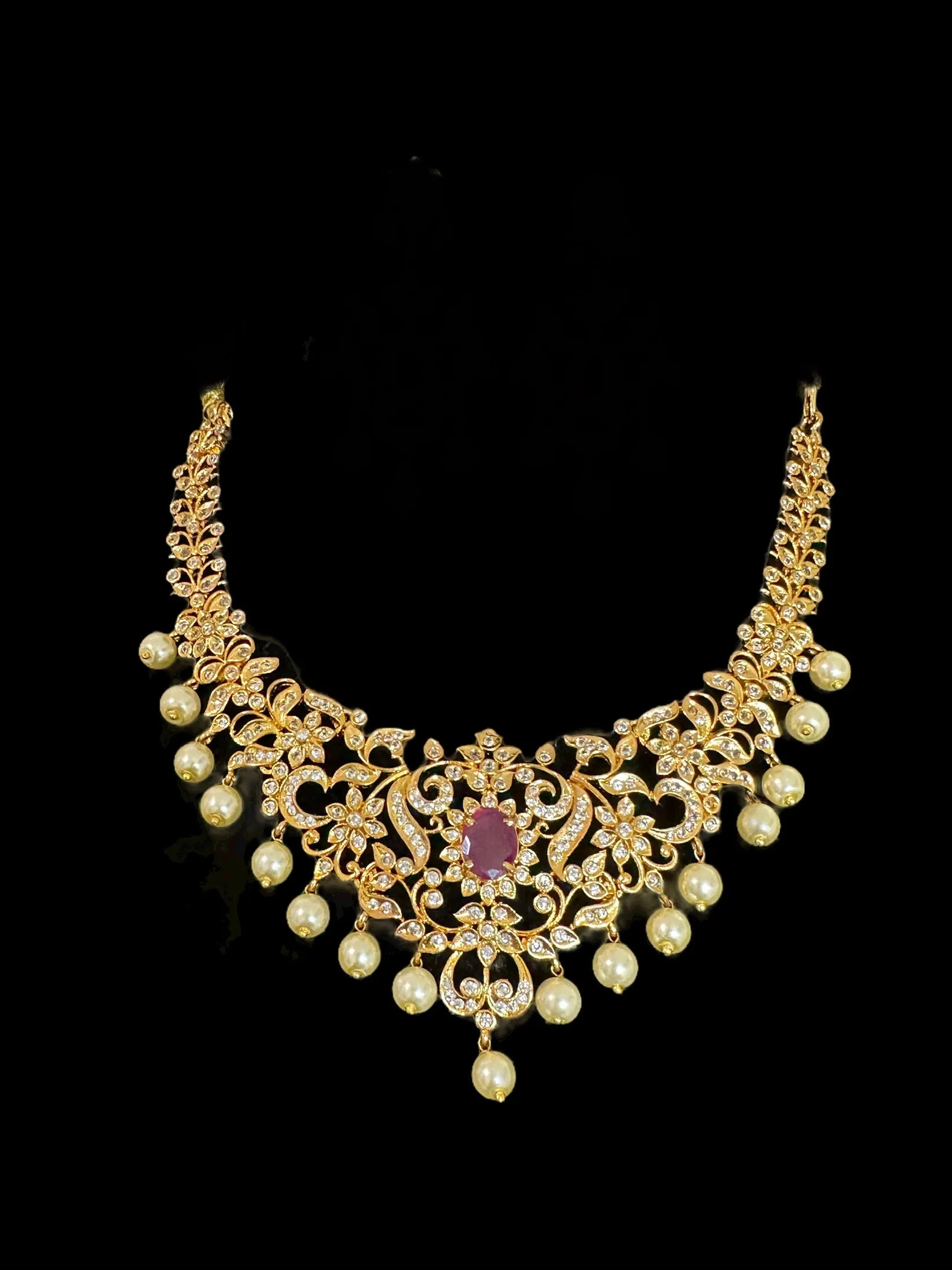 DNS107 Cz necklace set in ruby with golden pearls ( READY TO SHIP )