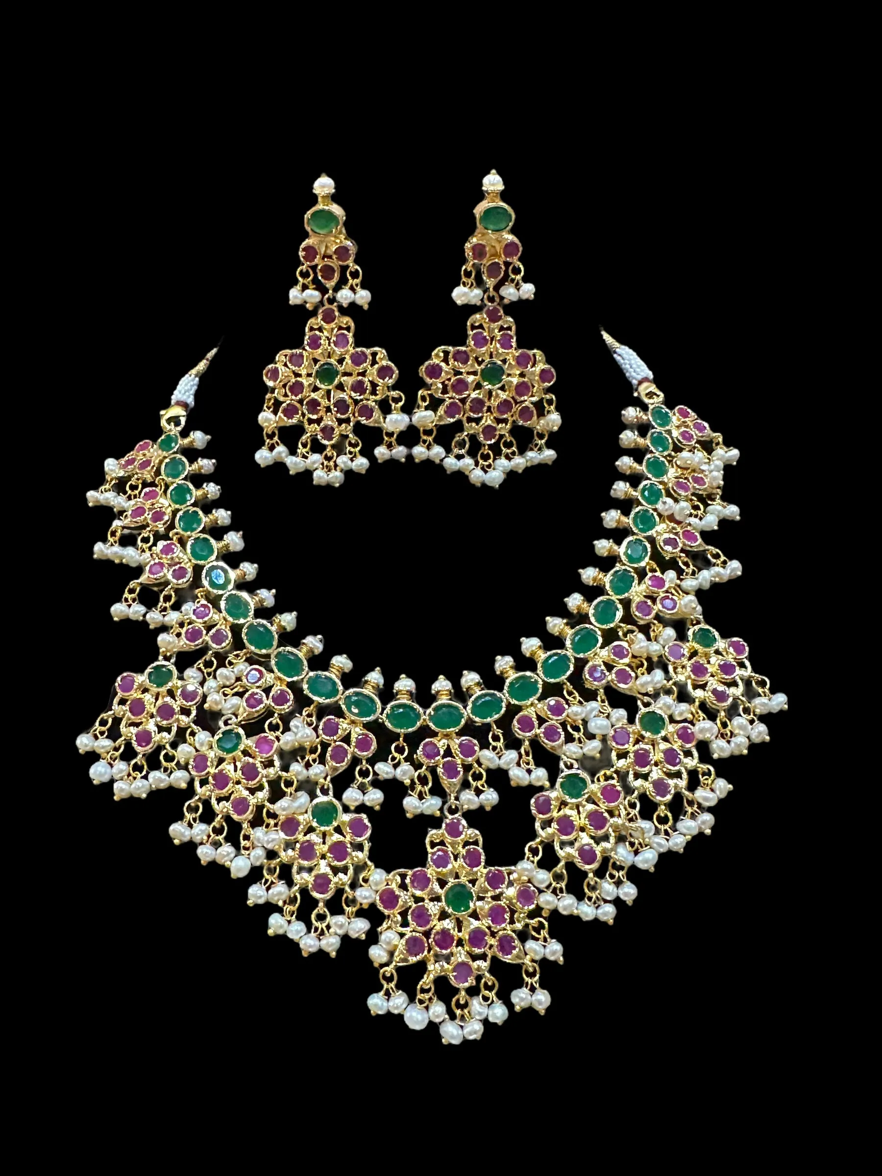 DNS16 zyva Ruby emerald necklace with earrings - fresh water pearls ( READY TO SHIP )