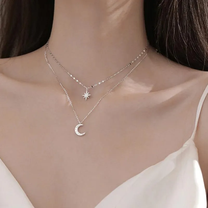 Double Chain Moon and Star Zircon Pendant Necklace