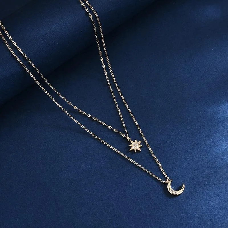 Double Chain Moon and Star Zircon Pendant Necklace