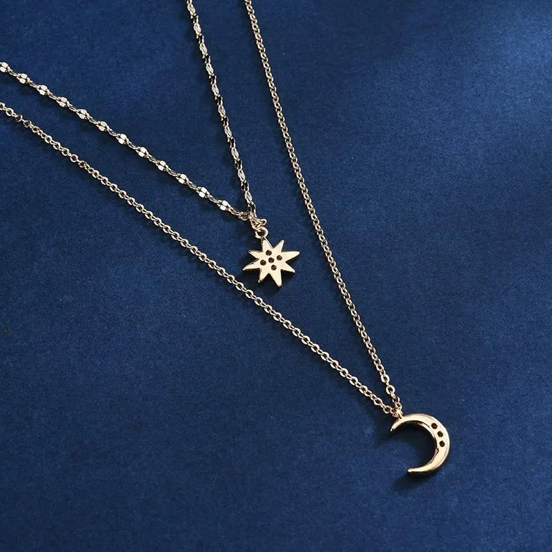 Double Chain Moon and Star Zircon Pendant Necklace