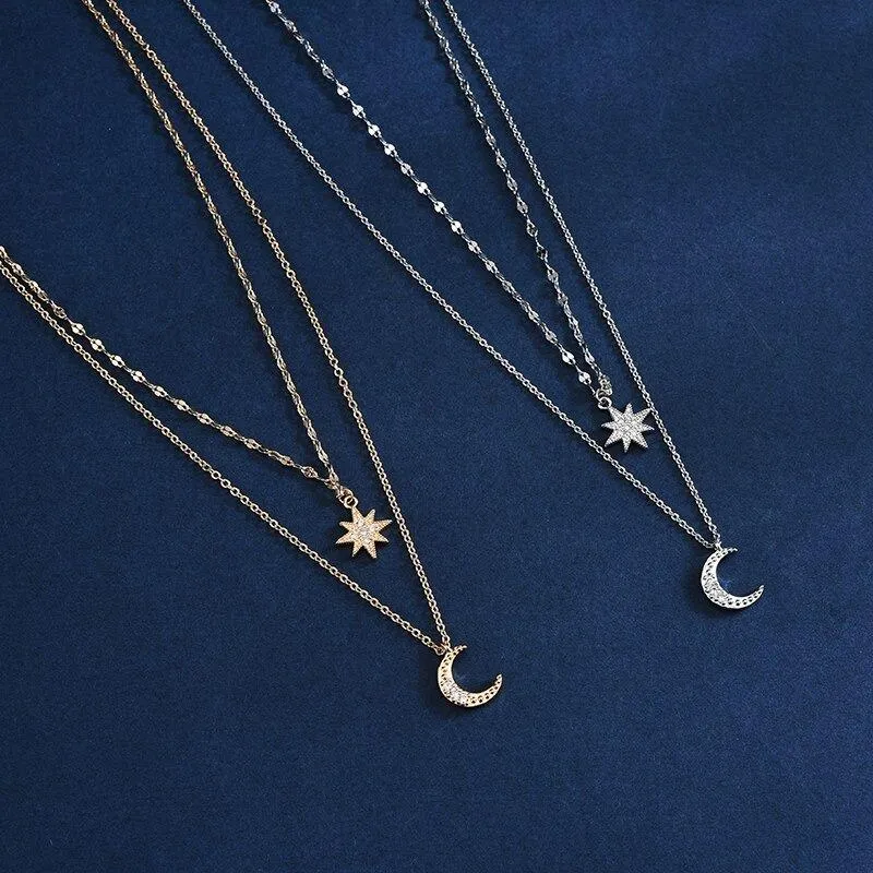 Double Chain Moon and Star Zircon Pendant Necklace