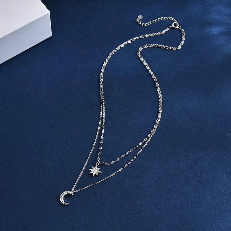 Double Chain Moon and Star Zircon Pendant Necklace