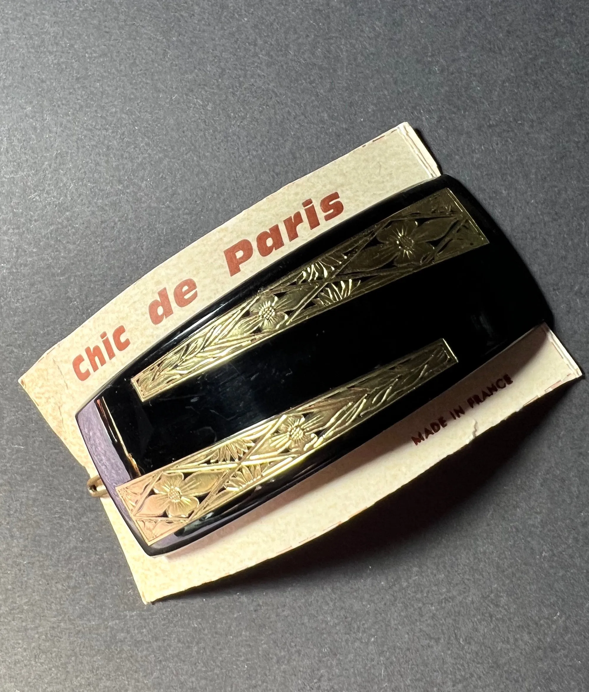 Dramatic Deco Black and Gold 1940s French Hair Clip