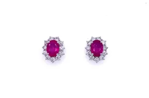 Earrings 18kt Gold Oval Ruby & Round Diamonds