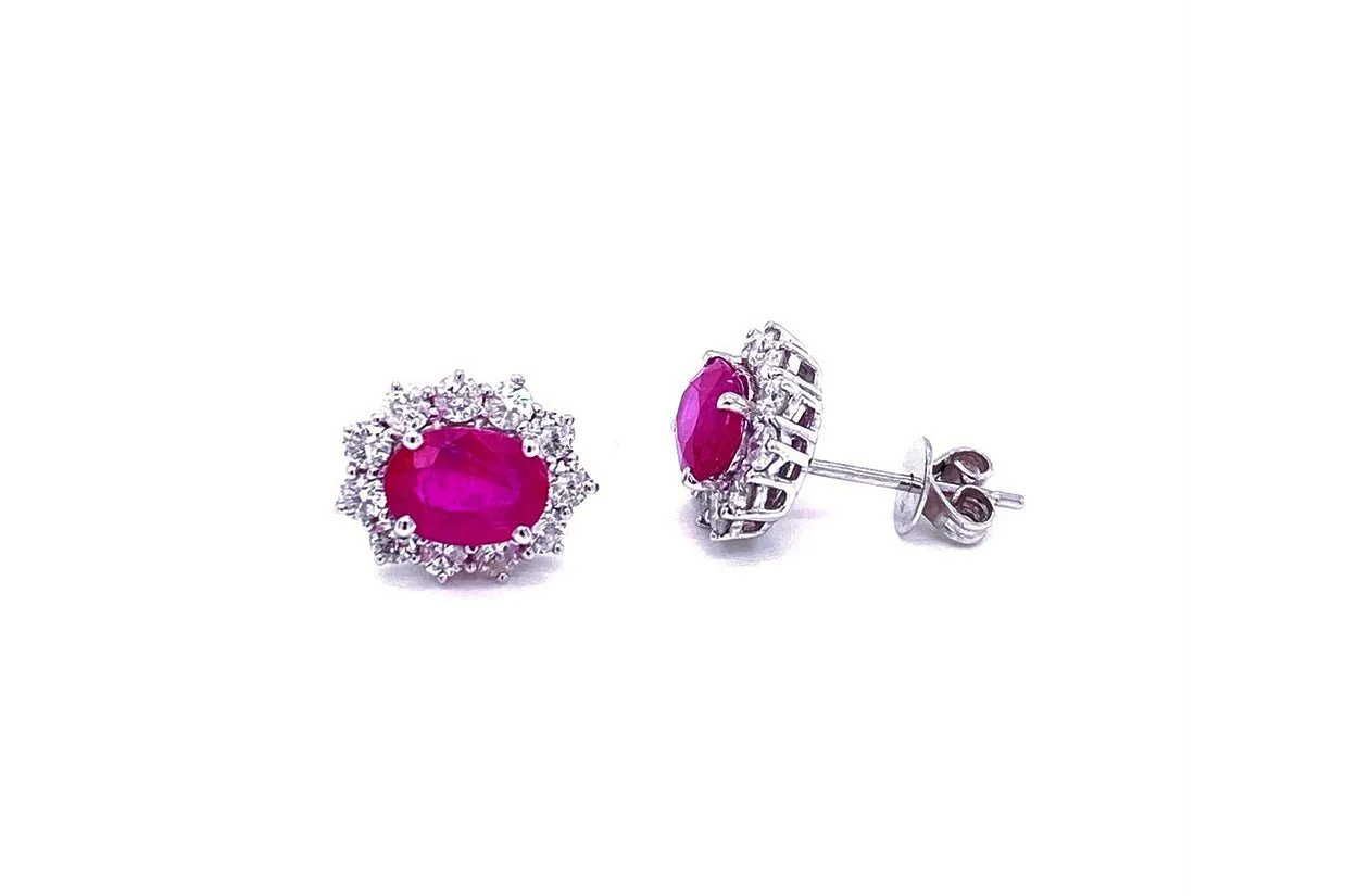 Earrings 18kt Gold Oval Ruby & Round Diamonds