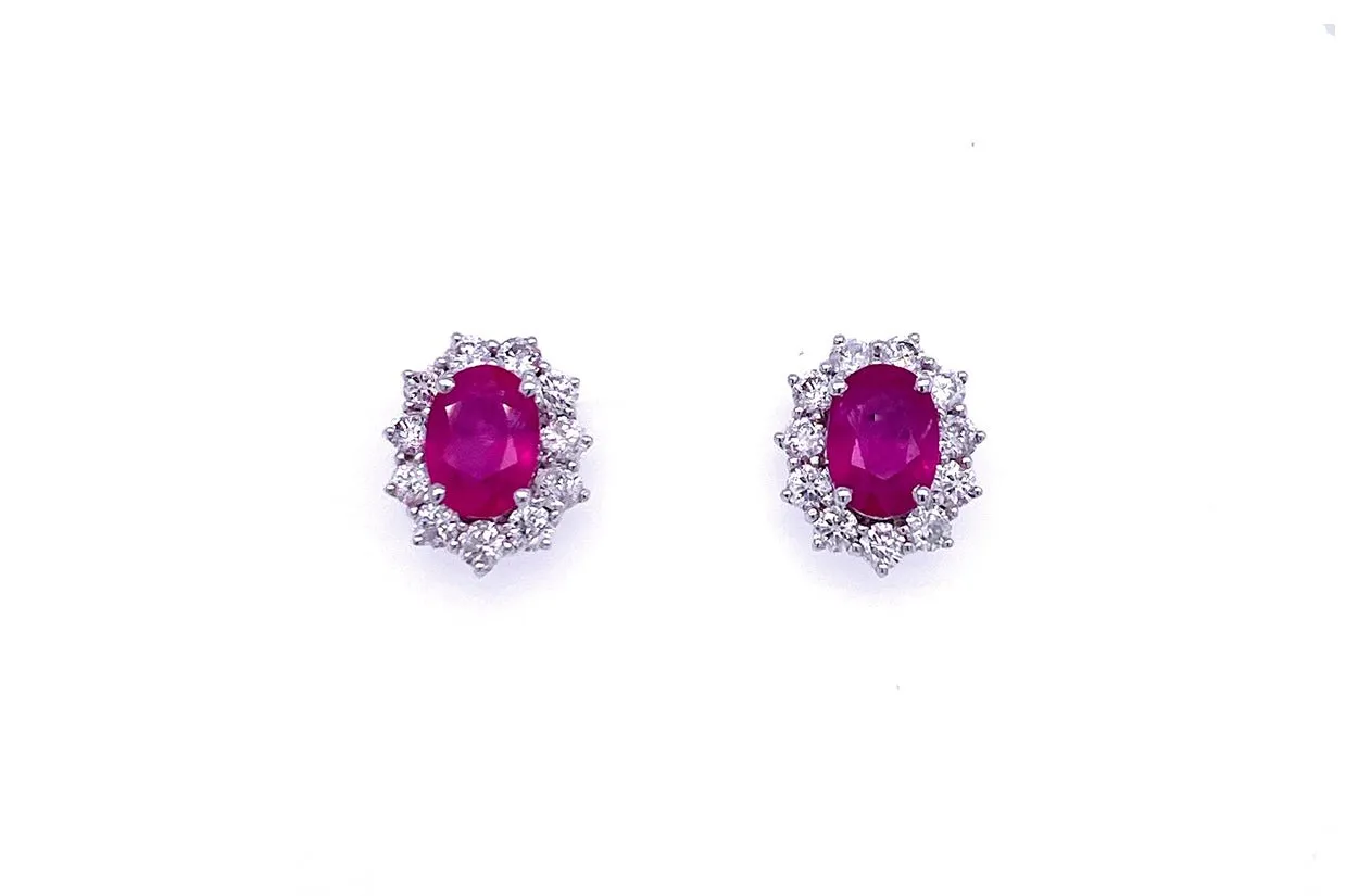 Earrings 18kt Gold Oval Ruby & Round Diamonds