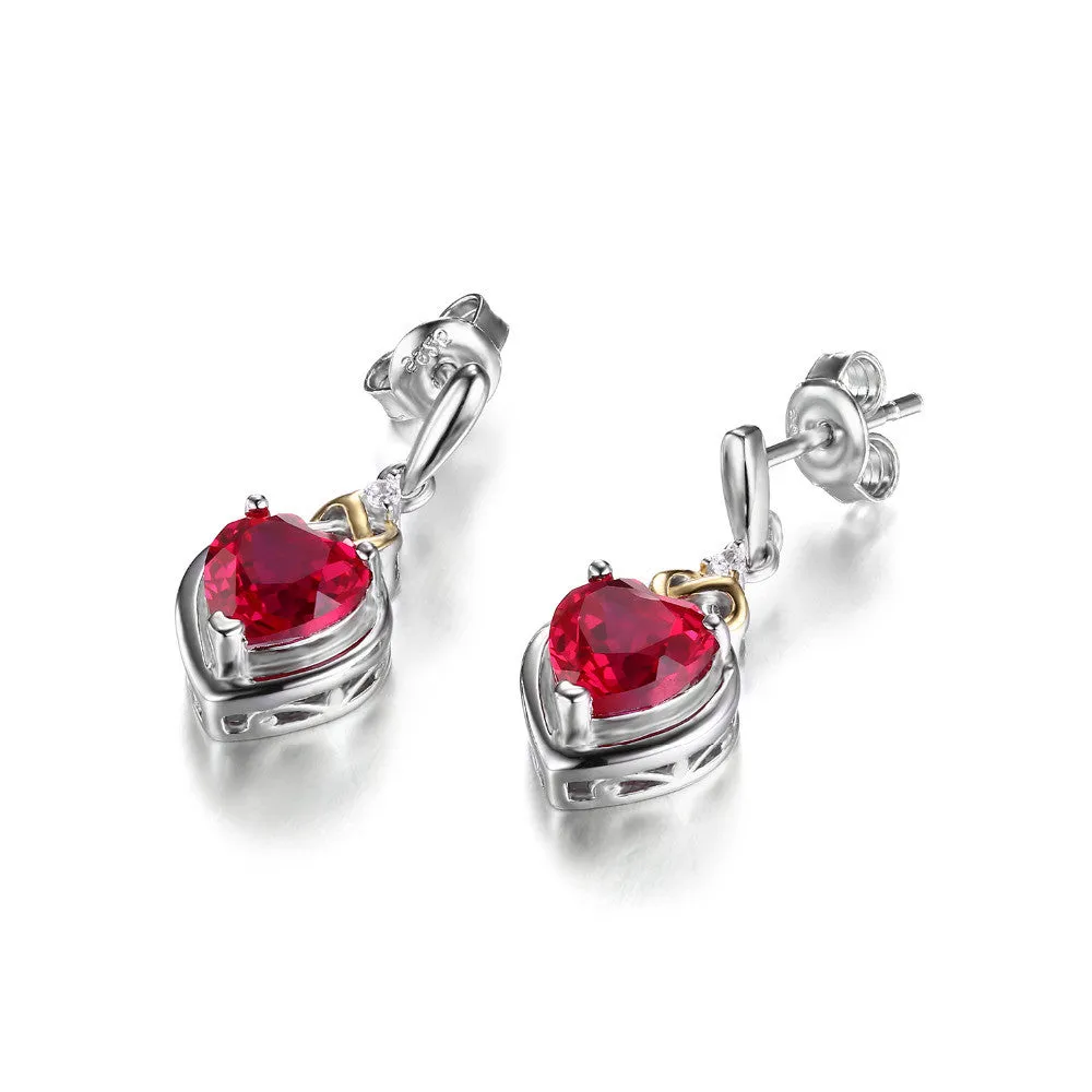 Earrings 3.4ct Created Red Ruby Love Knot Heart Earrings Women 925 Sterling Silver 18K Yellow Gold