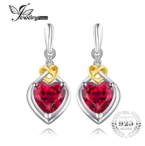 Earrings 3.4ct Created Red Ruby Love Knot Heart Earrings Women 925 Sterling Silver 18K Yellow Gold