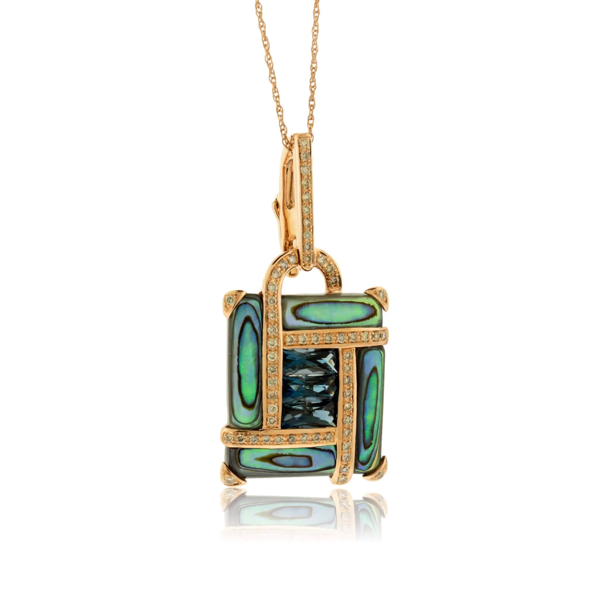 Fancy Cut Blue Topaz, Abalone Shell & Diamond Accented Pendant