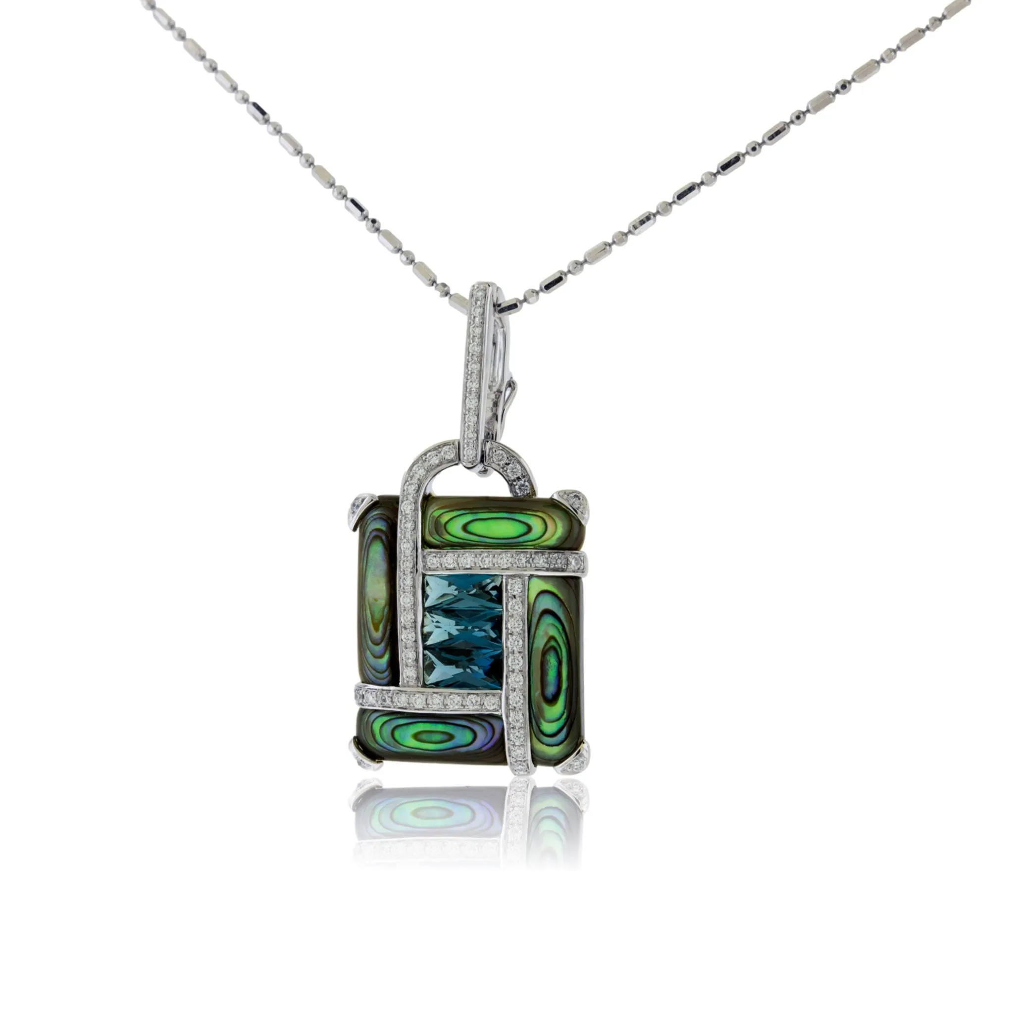 Fancy Cut Blue Topaz, Abalone Shell & Diamond Accented Pendant