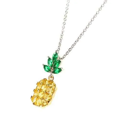 Fashion Shiny Yellow and Pink Zircon Pineapple Pendant Cute Necklace Jewelry for Women