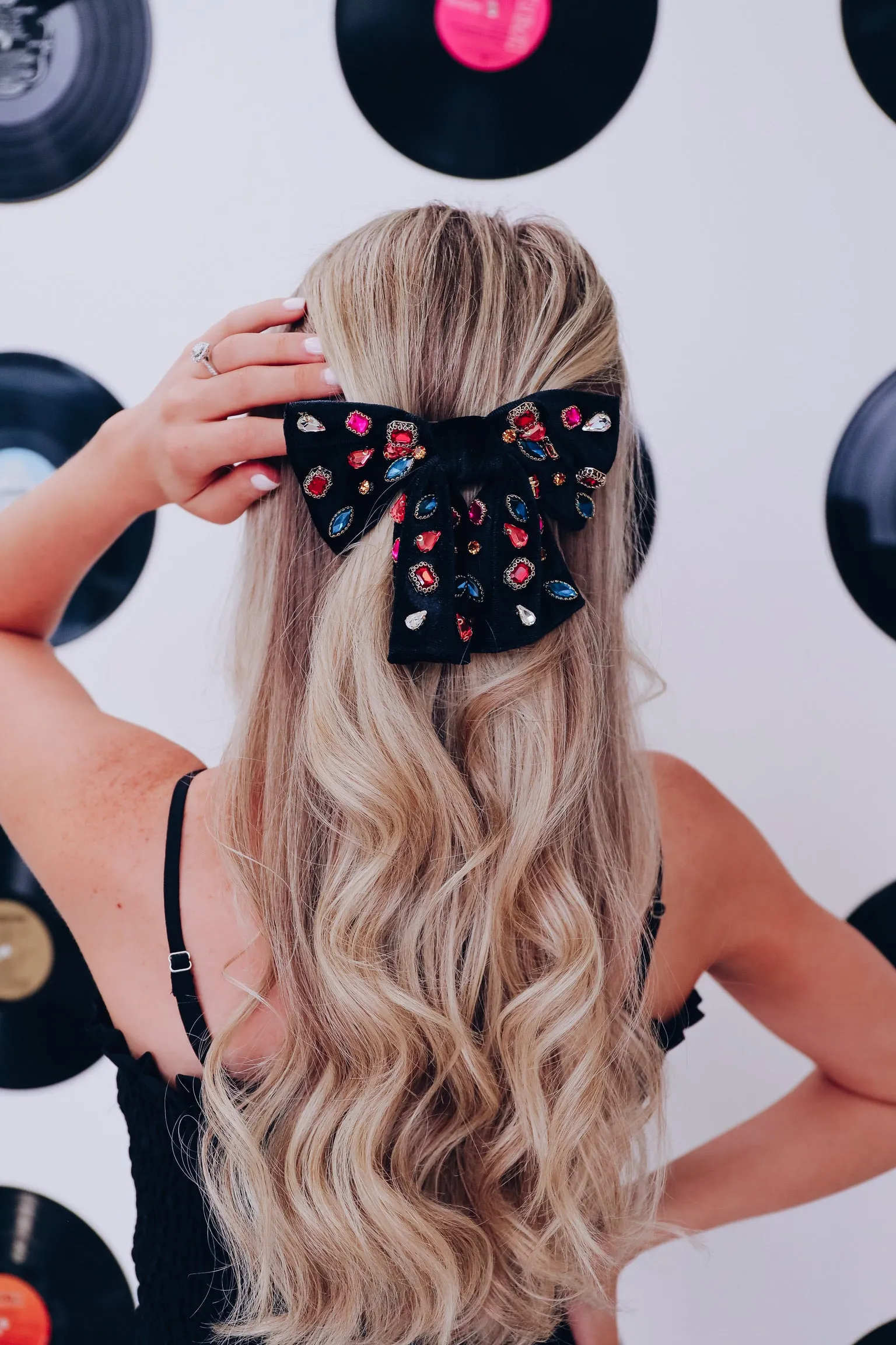 Gemstone Velvet Bow Barrette - Black