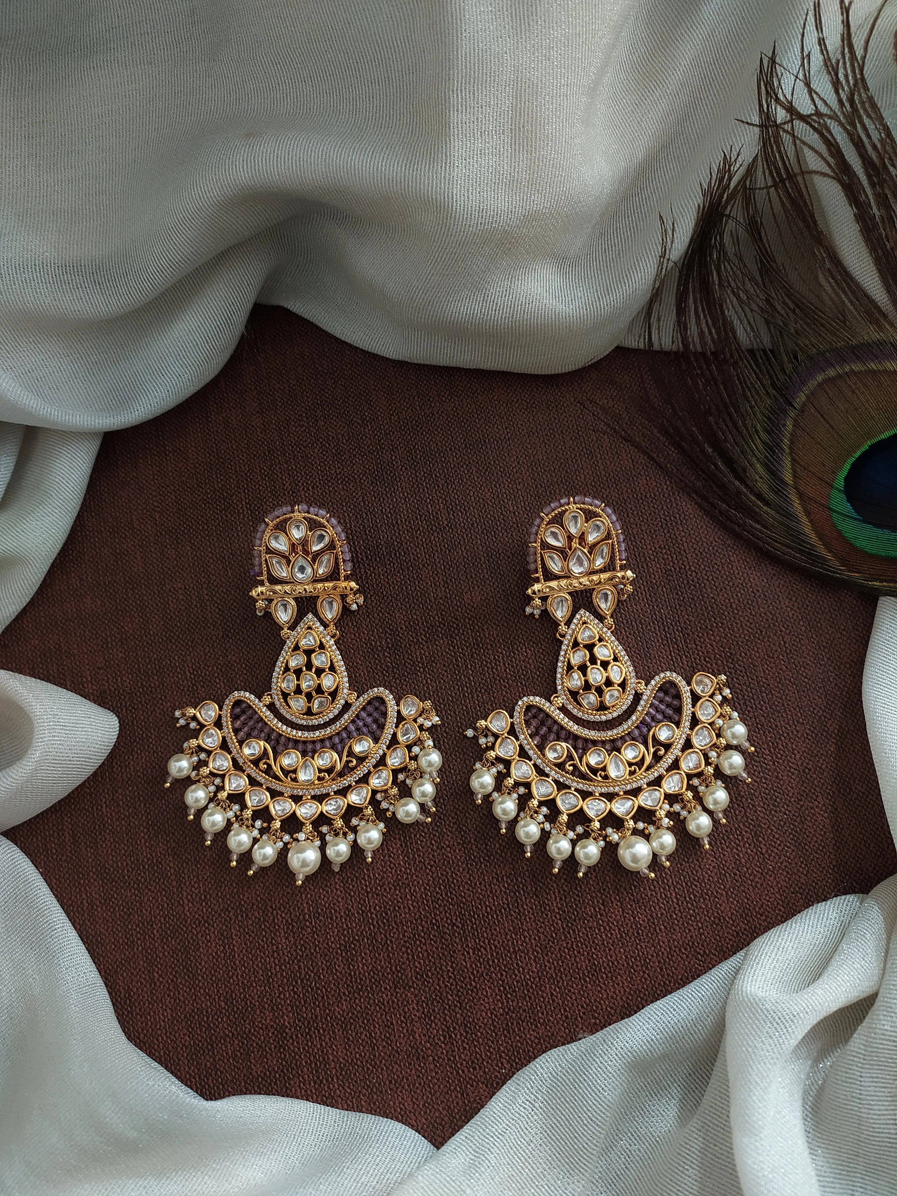 Glimmering Illumination Lamp Shape Uncut Polki & Kundan Stones Mehendi Earrings