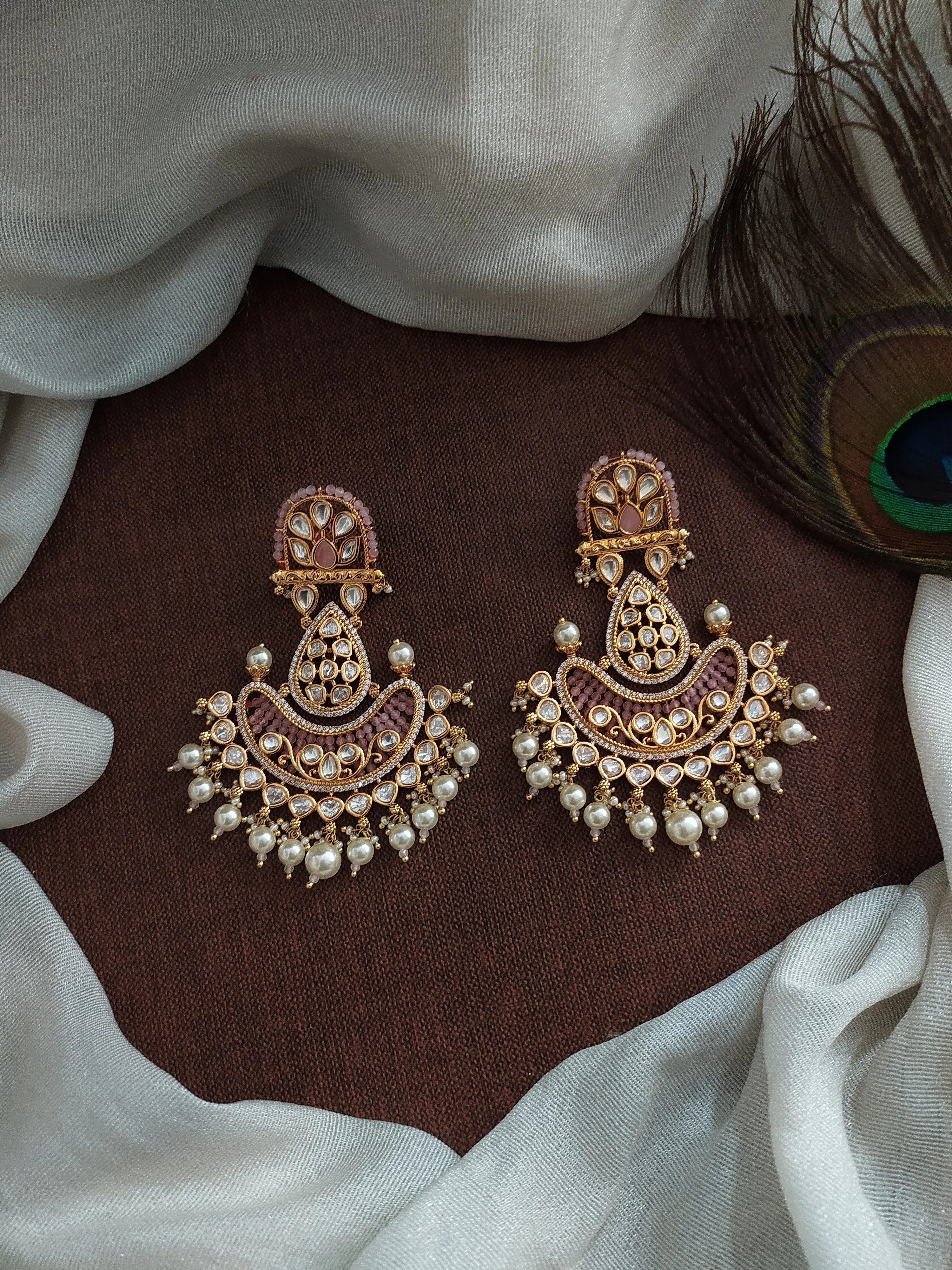 Glimmering Illumination Lamp Shape Uncut Polki & Kundan Stones Mehendi Earrings