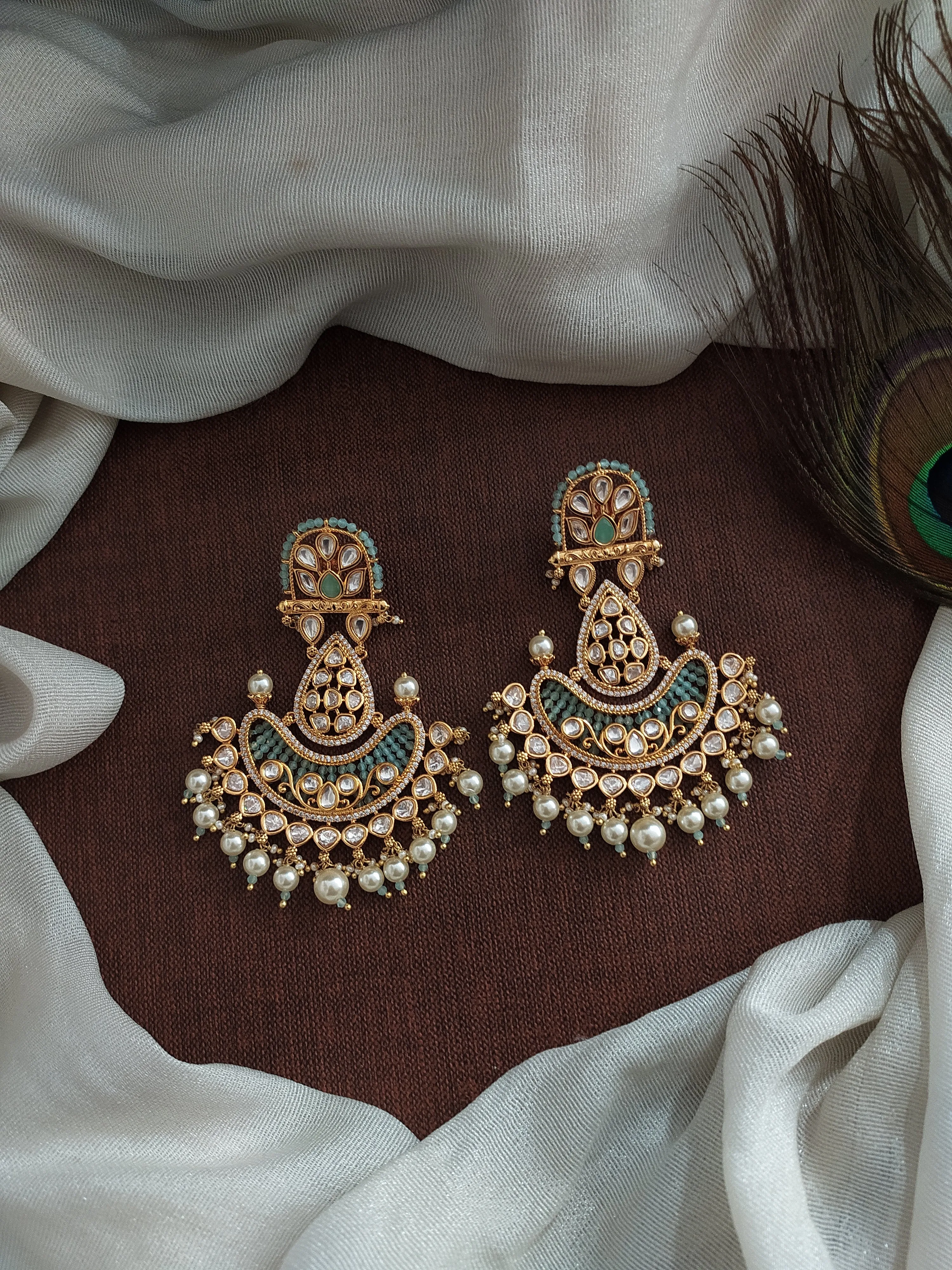 Glimmering Illumination Lamp Shape Uncut Polki & Kundan Stones Mehendi Earrings