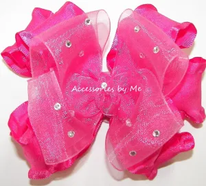 Glitzy Hot Pink Organza Ruffle Hair Bow