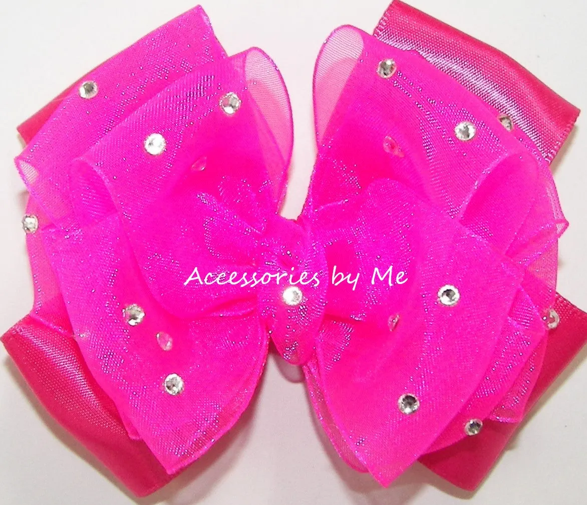 Glitzy Neon Pink Organza Satin Hair Bow