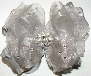 Glitzy Silver Organza Ruffle Hair Bow