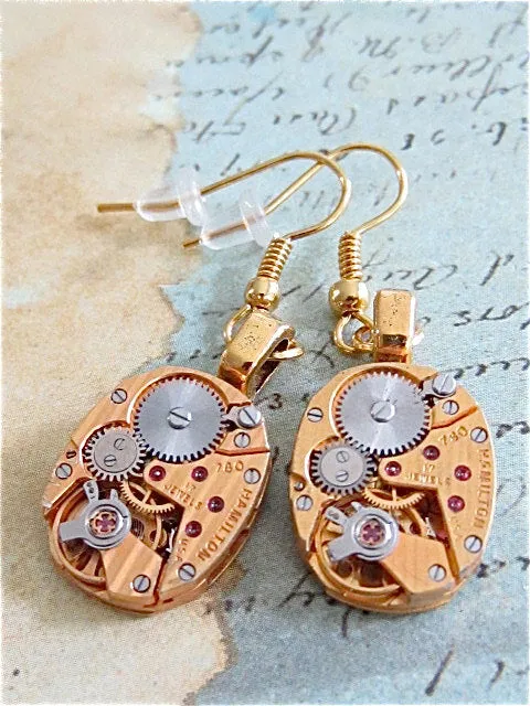 Gold Hamilton  - Steampunk Earrings - Watch Movements -  Repurposed art