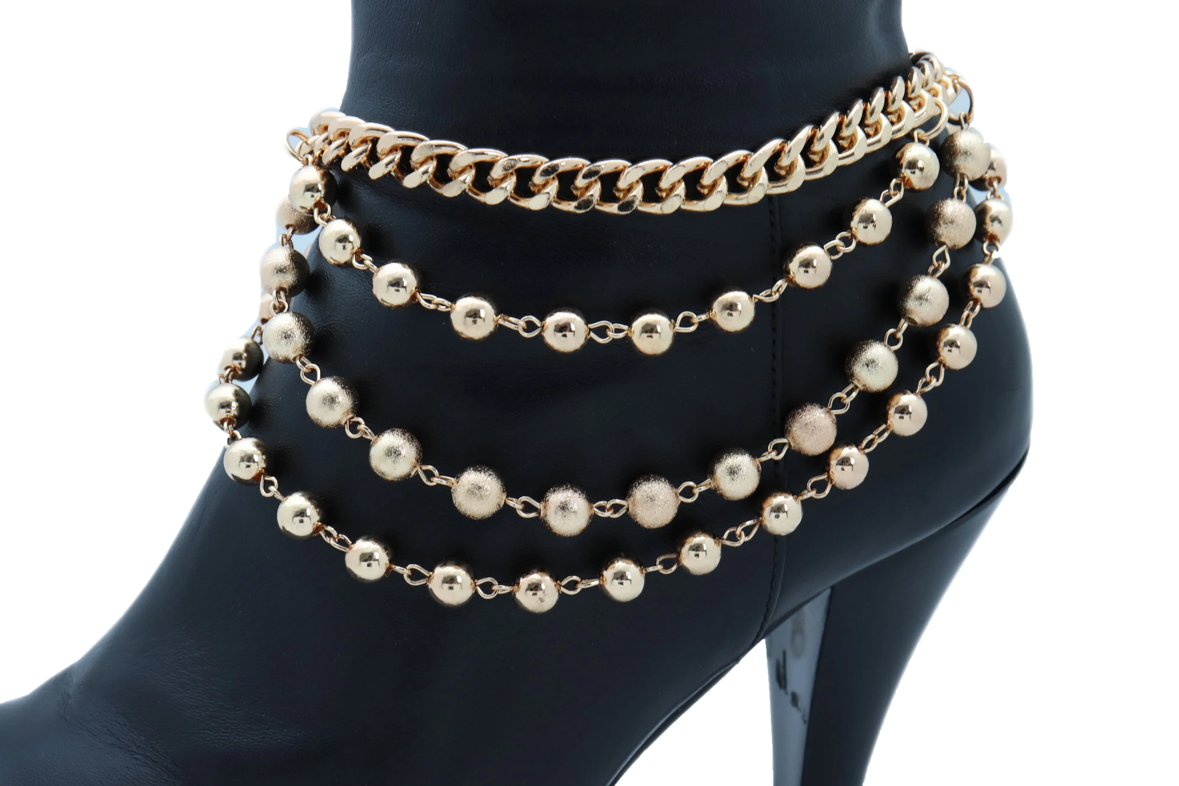 Gold Metal Western Boot Chain Bracelet Anklet Shoe Bling Waves Balls Charm