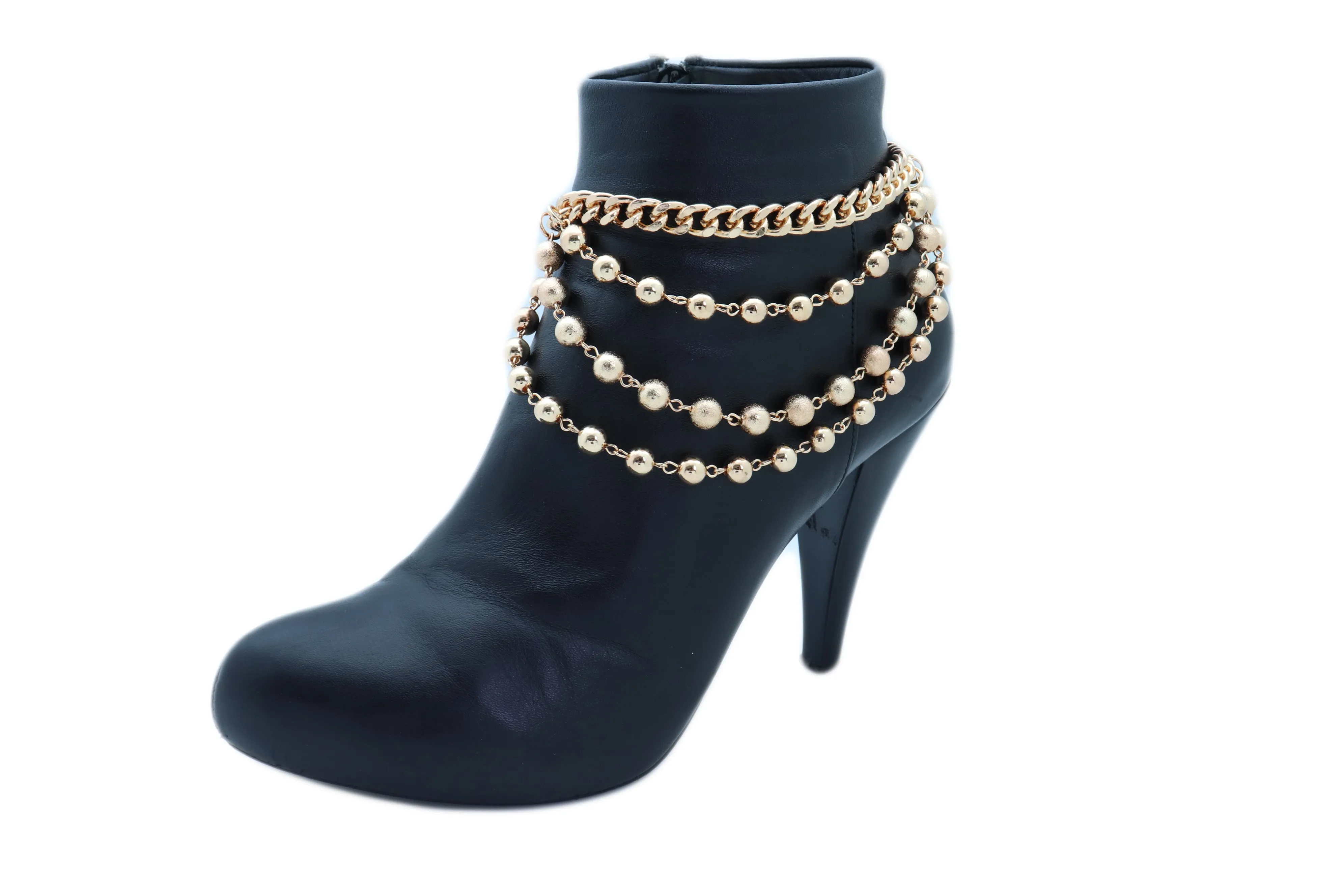 Gold Metal Western Boot Chain Bracelet Anklet Shoe Bling Waves Balls Charm