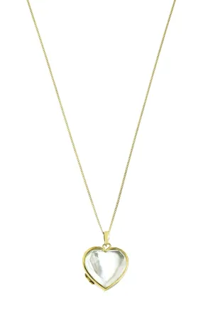 Gold Plated Sterling Silver Heart Mother of Pearl & Clear Quartz Locket Necklace