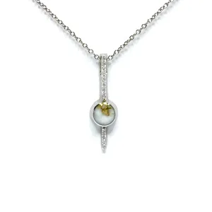 Gold Quartz Necklace Bar Design Round Inlay with .08ctw Round Diamonds