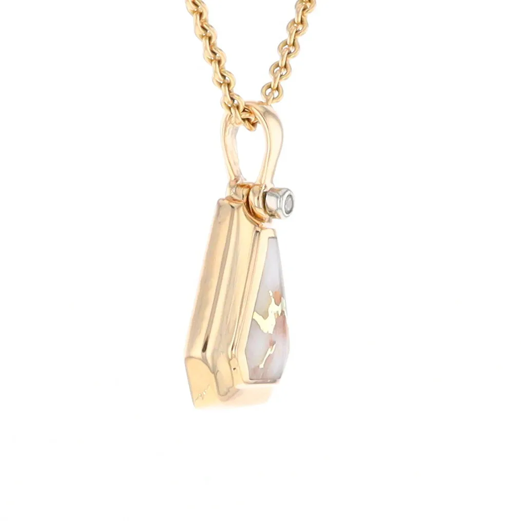 Gold Quartz Necklace, Triangle Inlaid with .02ctw Diamond Pendant