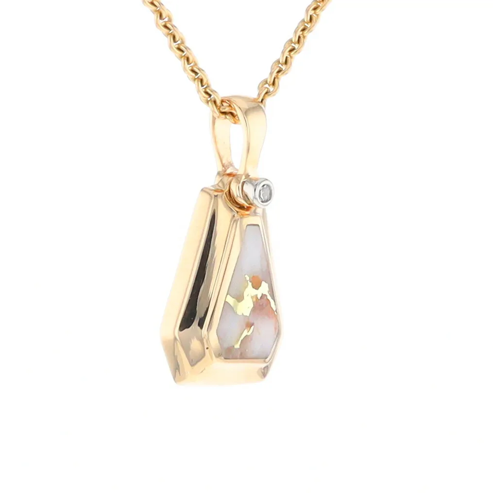 Gold Quartz Necklace, Triangle Inlaid with .02ctw Diamond Pendant