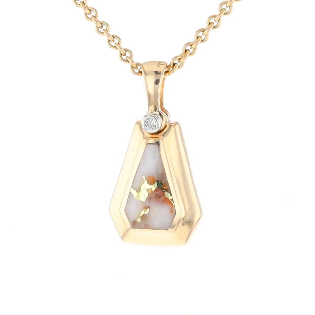 Gold Quartz Necklace, Triangle Inlaid with .02ctw Diamond Pendant