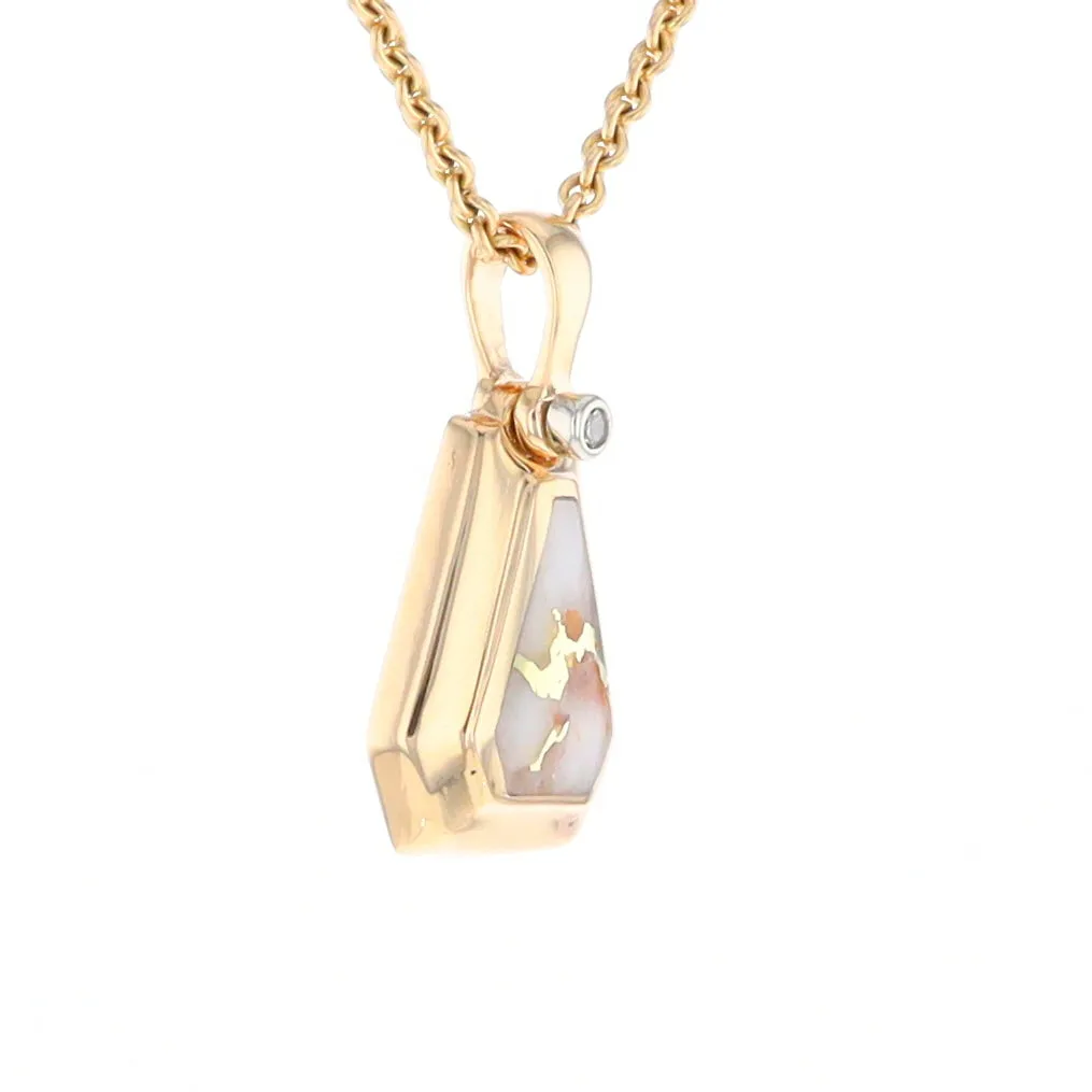 Gold Quartz Necklace, Triangle Inlaid with .02ctw Diamond Pendant