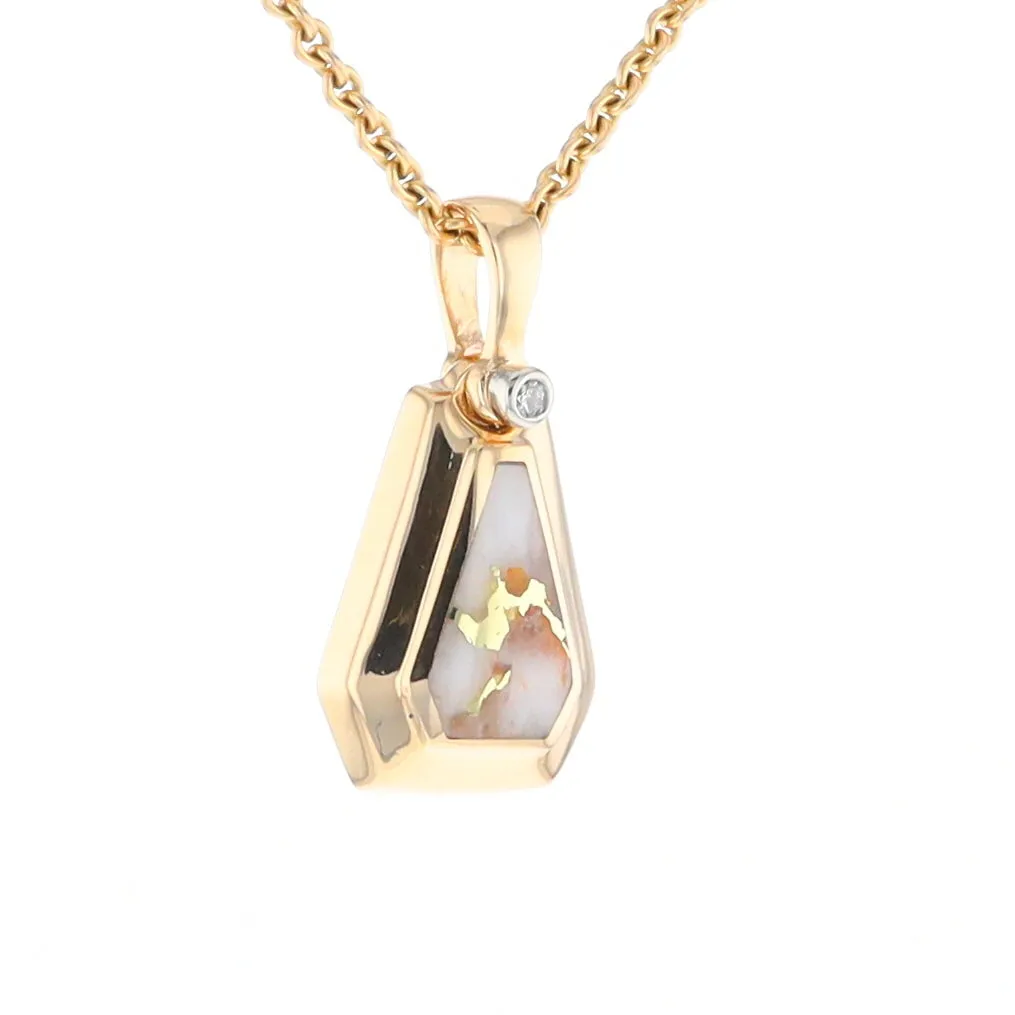 Gold Quartz Necklace, Triangle Inlaid with .02ctw Diamond Pendant