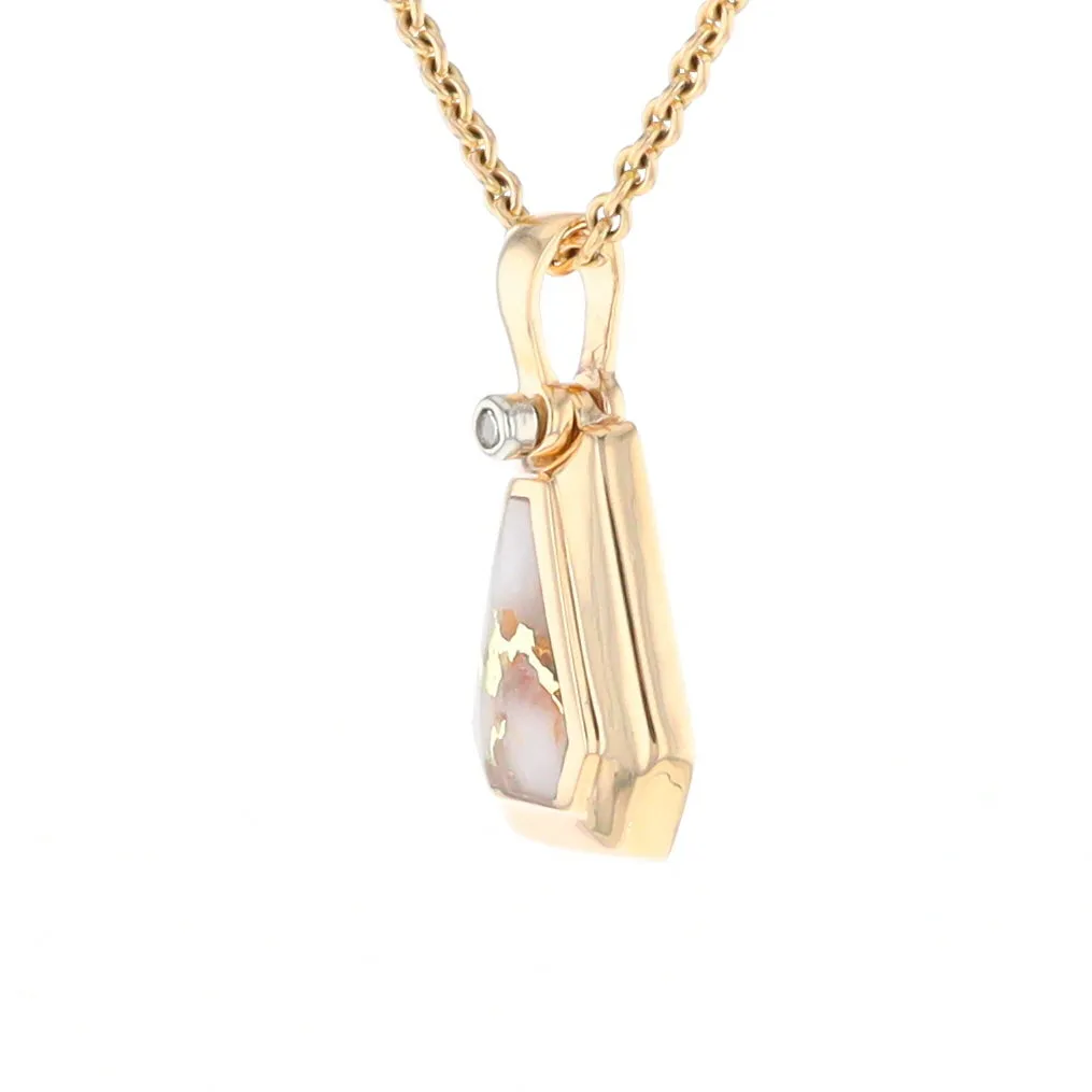 Gold Quartz Necklace, Triangle Inlaid with .02ctw Diamond Pendant