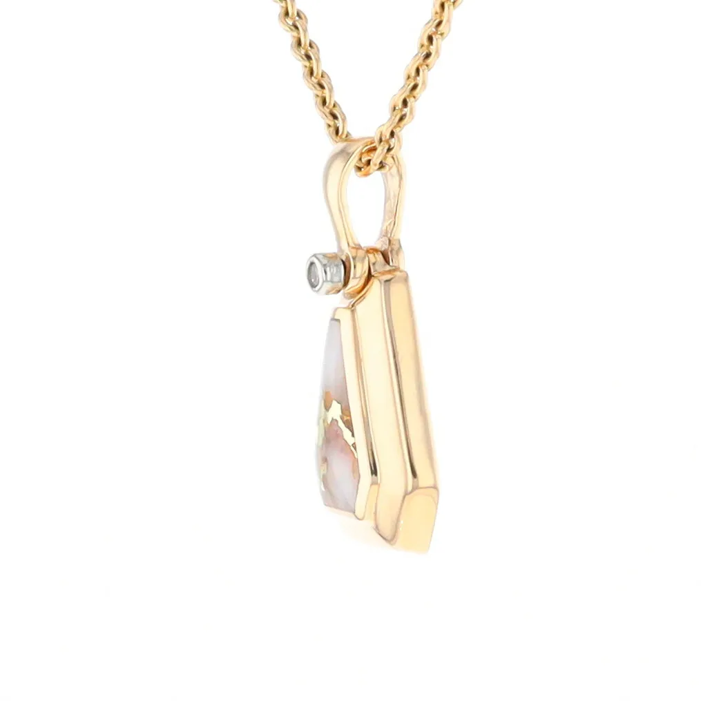 Gold Quartz Necklace, Triangle Inlaid with .02ctw Diamond Pendant