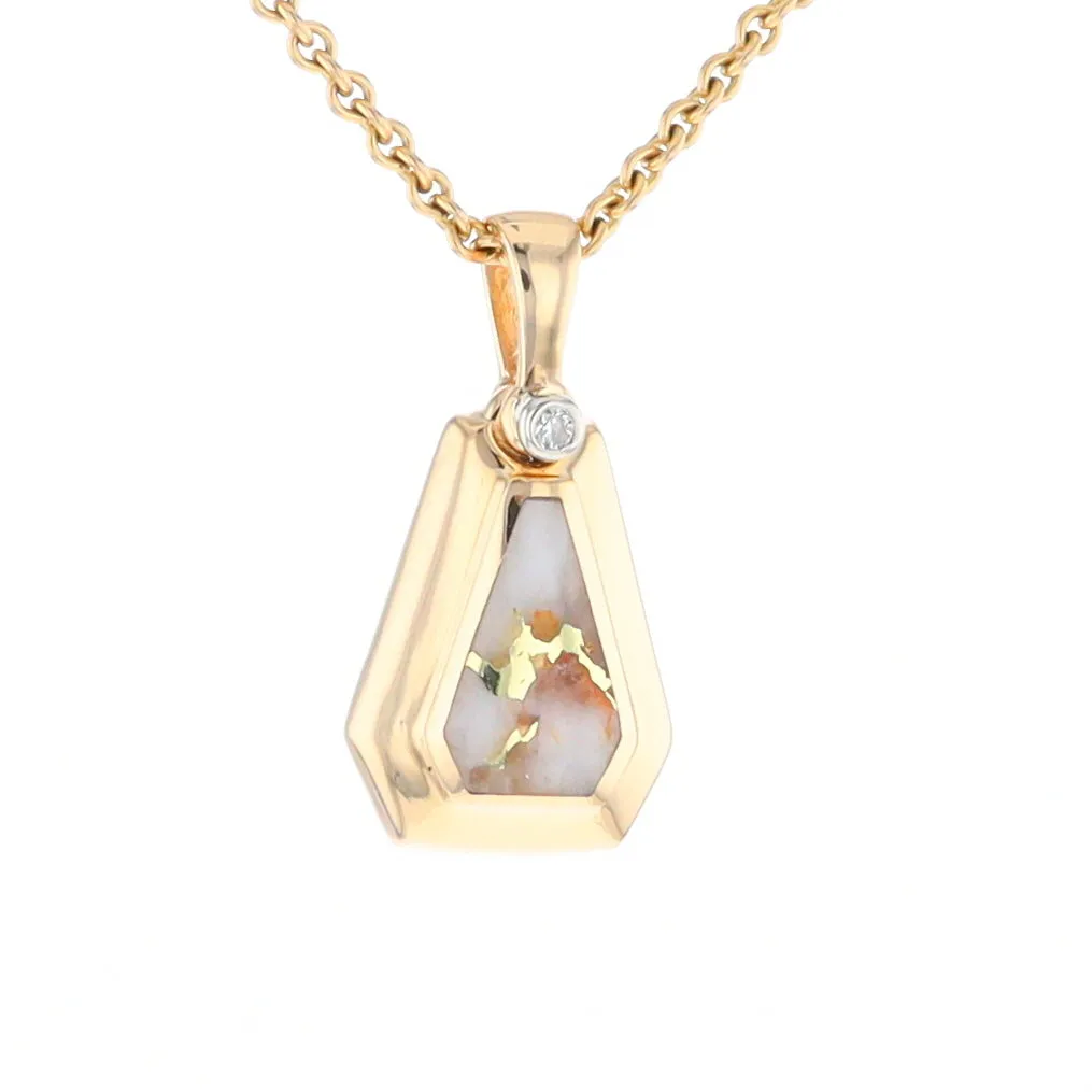 Gold Quartz Necklace, Triangle Inlaid with .02ctw Diamond Pendant