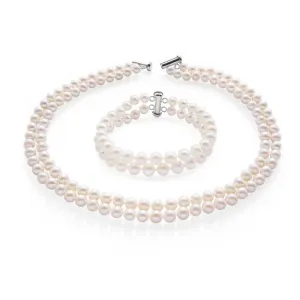 Gorgeous White 7mm AA Grade Pearl Double Row Necklace Bracelet, Pearl Jewellery Set