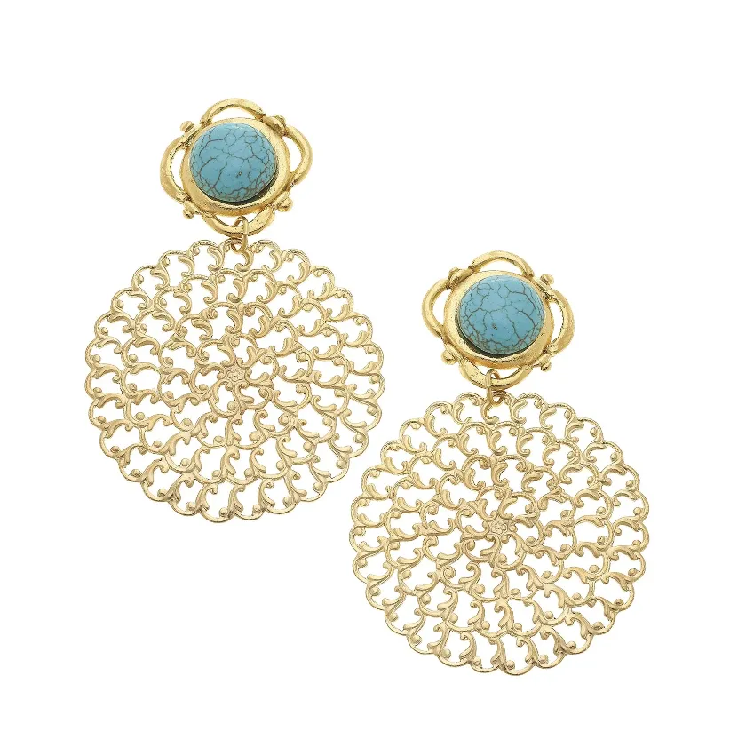 Handcast Gold Filigree Turquoise/Pearl Clip Earring