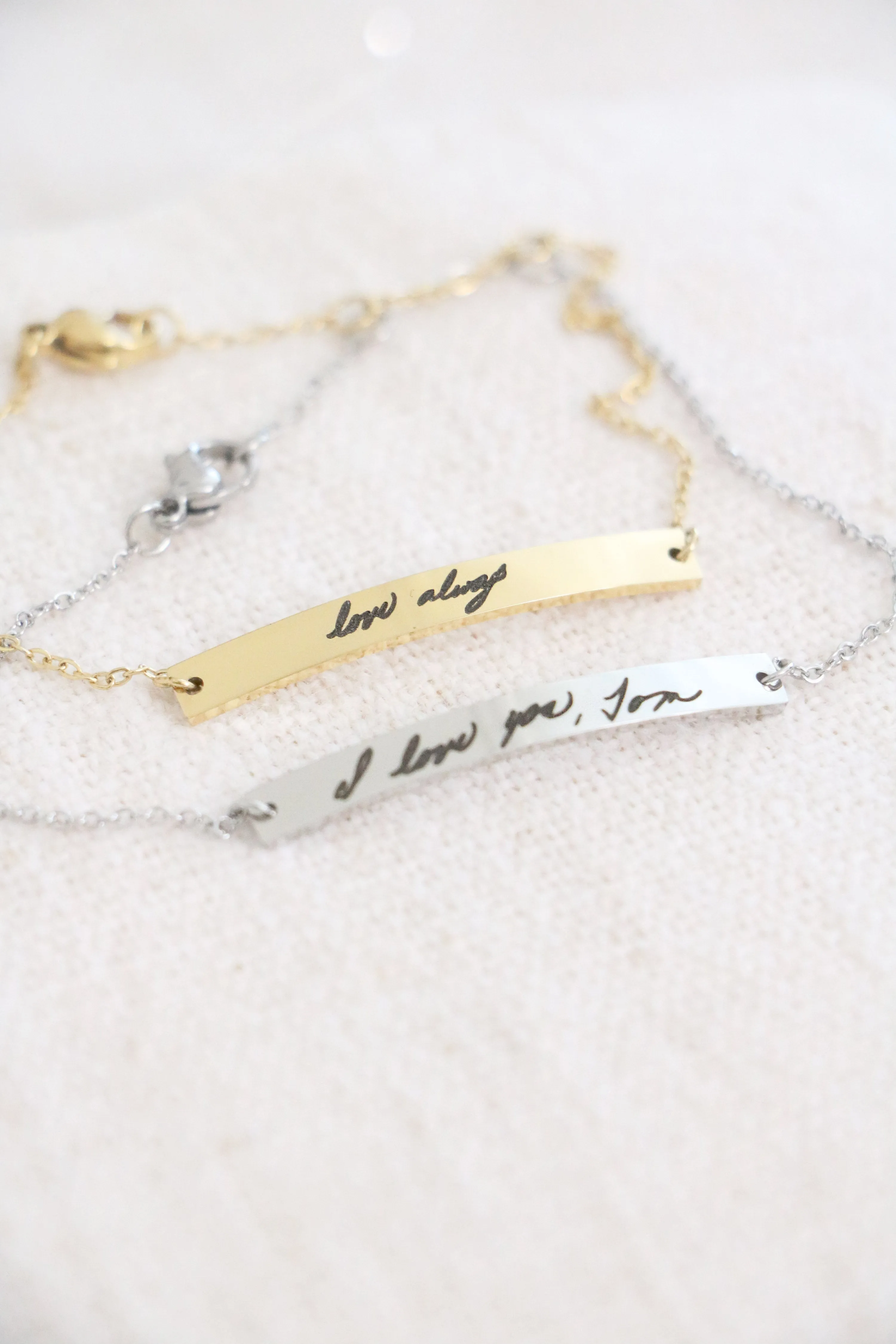 handwriting bar bracelet { silver   gold }