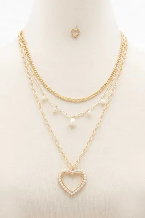 Heart Pearl Edge Charm Layered Necklace