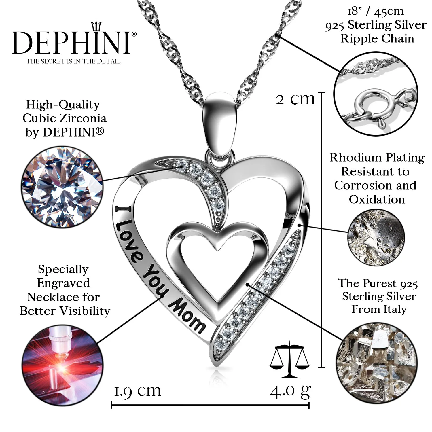 I Love You Mom Necklace - 925 Sterling Silver Heart Jewellery Dephini