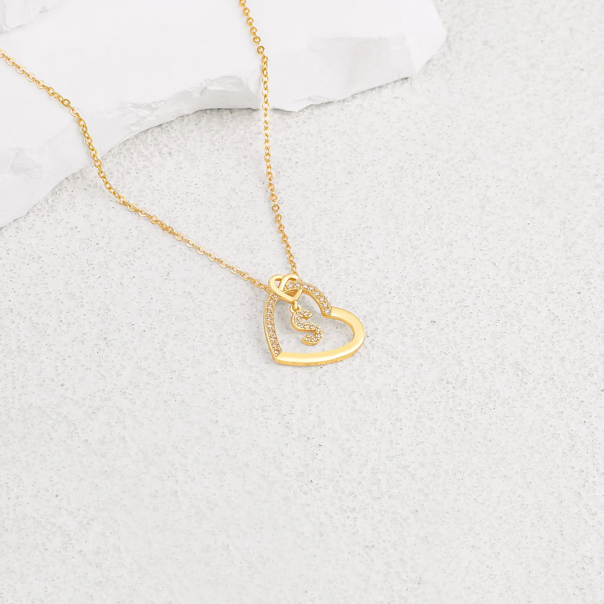 Interlocking Diamond Initial Pave Heart Necklace