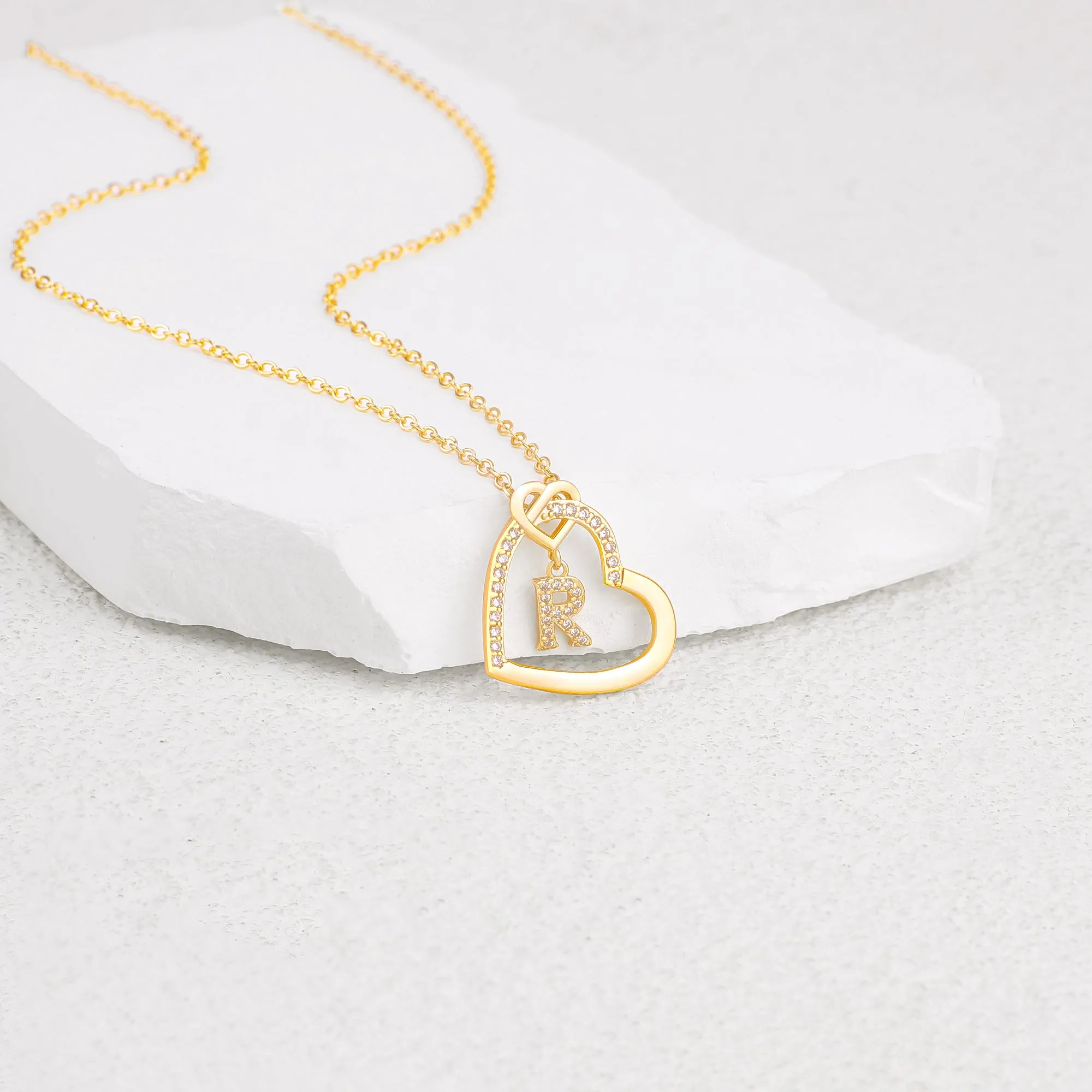 Interlocking Diamond Initial Pave Heart Necklace