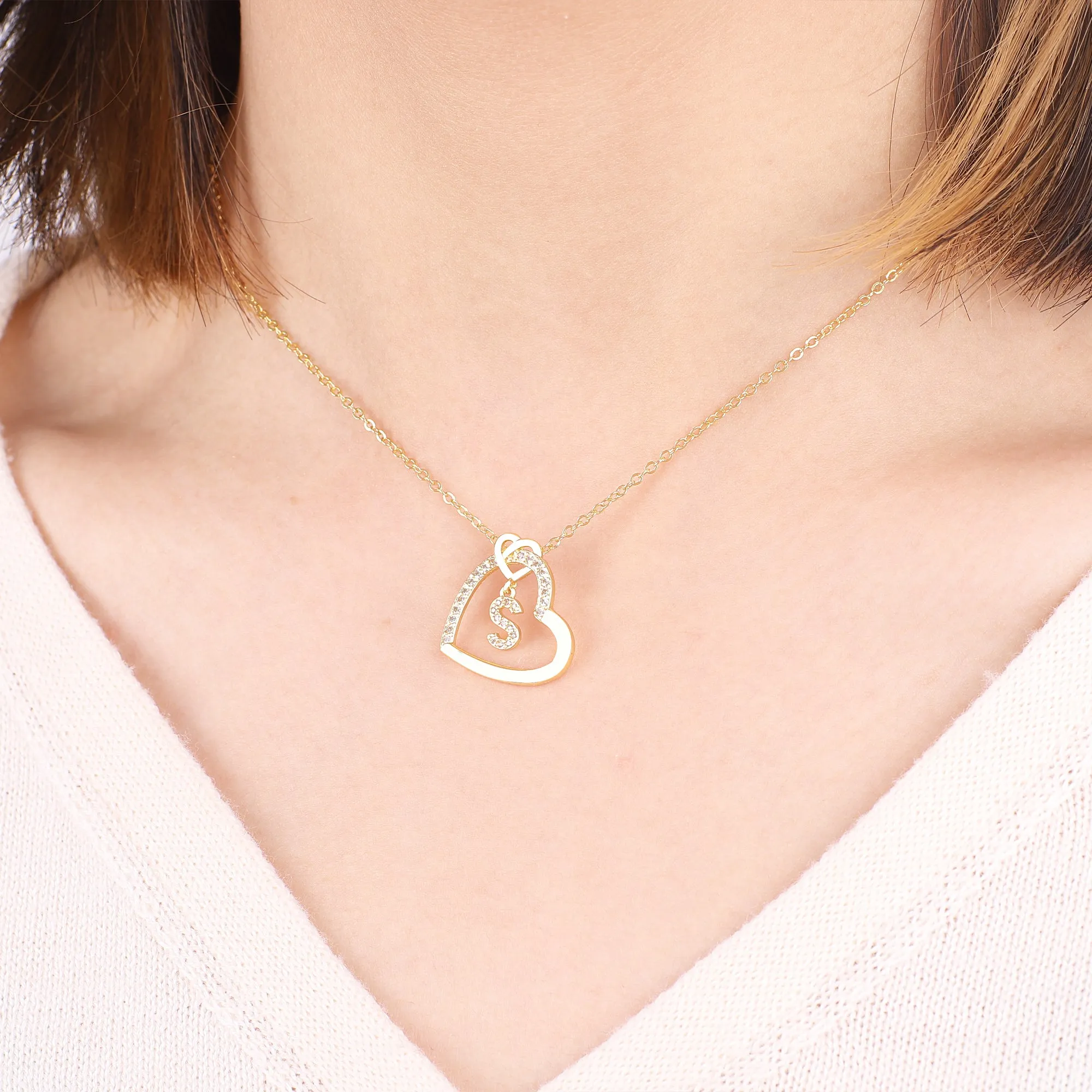 Interlocking Diamond Initial Pave Heart Necklace