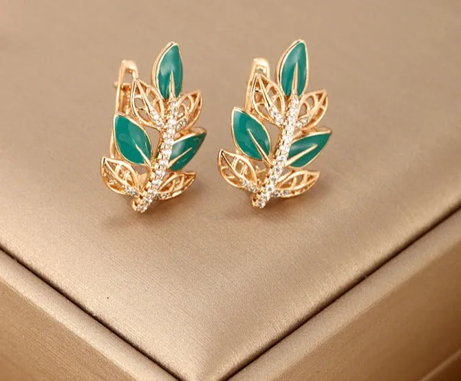 Jewelry plated 18K gold alloy drop glaze leaf earrings European and American cross-border foreign trade fashion leaf earrings