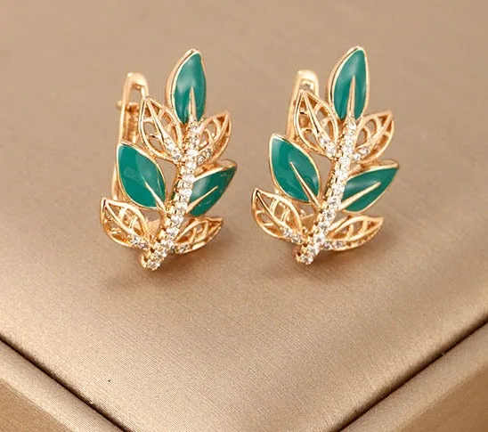 Jewelry plated 18K gold alloy drop glaze leaf earrings European and American cross-border foreign trade fashion leaf earrings