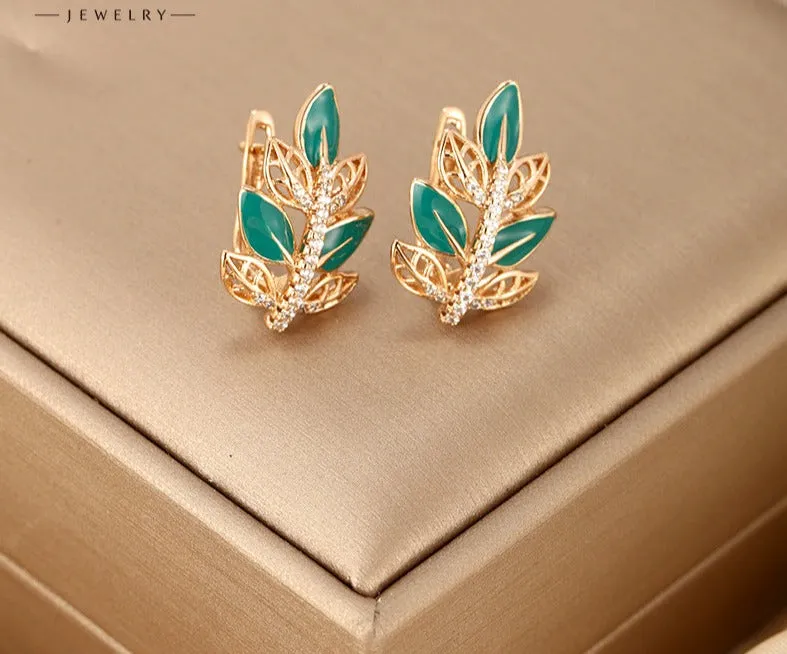 Jewelry plated 18K gold alloy drop glaze leaf earrings European and American cross-border foreign trade fashion leaf earrings