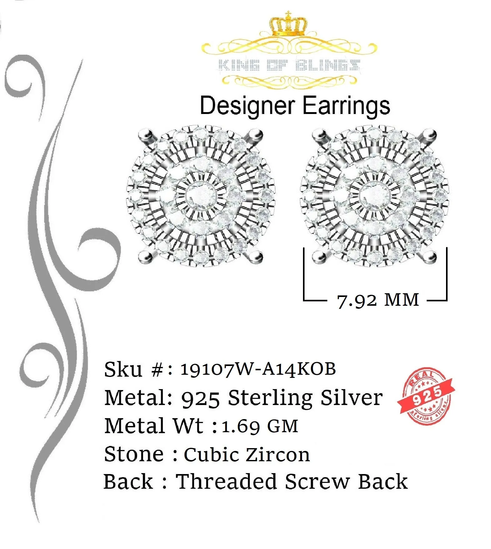 King of Blings- 925 White Sterling Silver 0.86ct Cubic Zirconia Round Women's Hip Hop Earrings