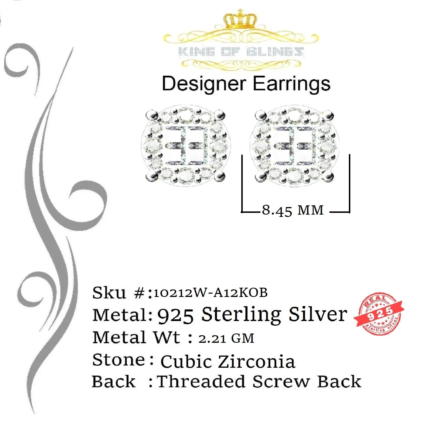 King of Blings- 925 White Sterling Silver 0.96ct Cubic Zirconia Women's Hip Hop Flower Earrings